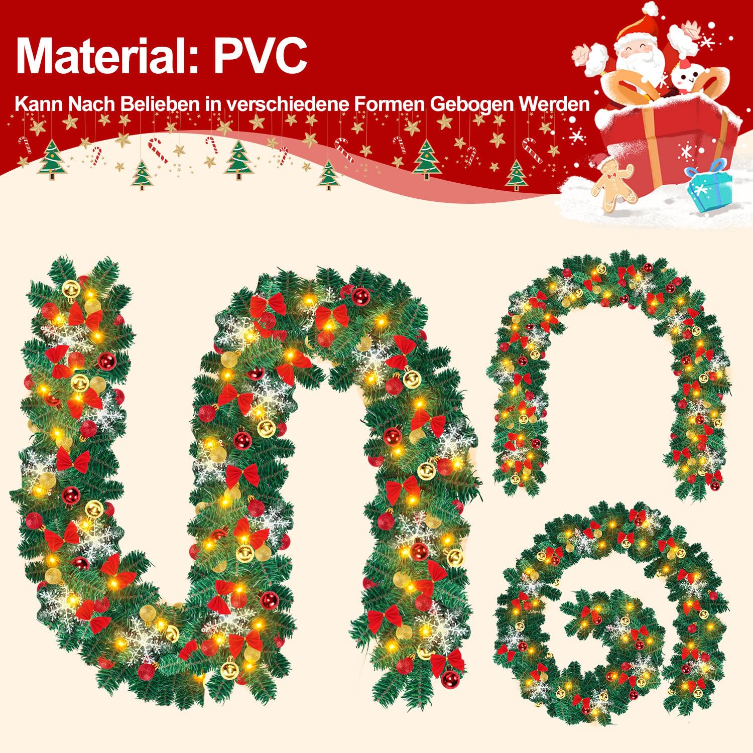 Weihnachtsgirlande mit Beleuchtung, 2er 5m Künstlich Tannengirlande mit 100 LEDs Warmweiß Weihnachtskranz inkl. Deko, 8 Modus Girlande Weihnachtsbeleuchtung für Innen und Außen