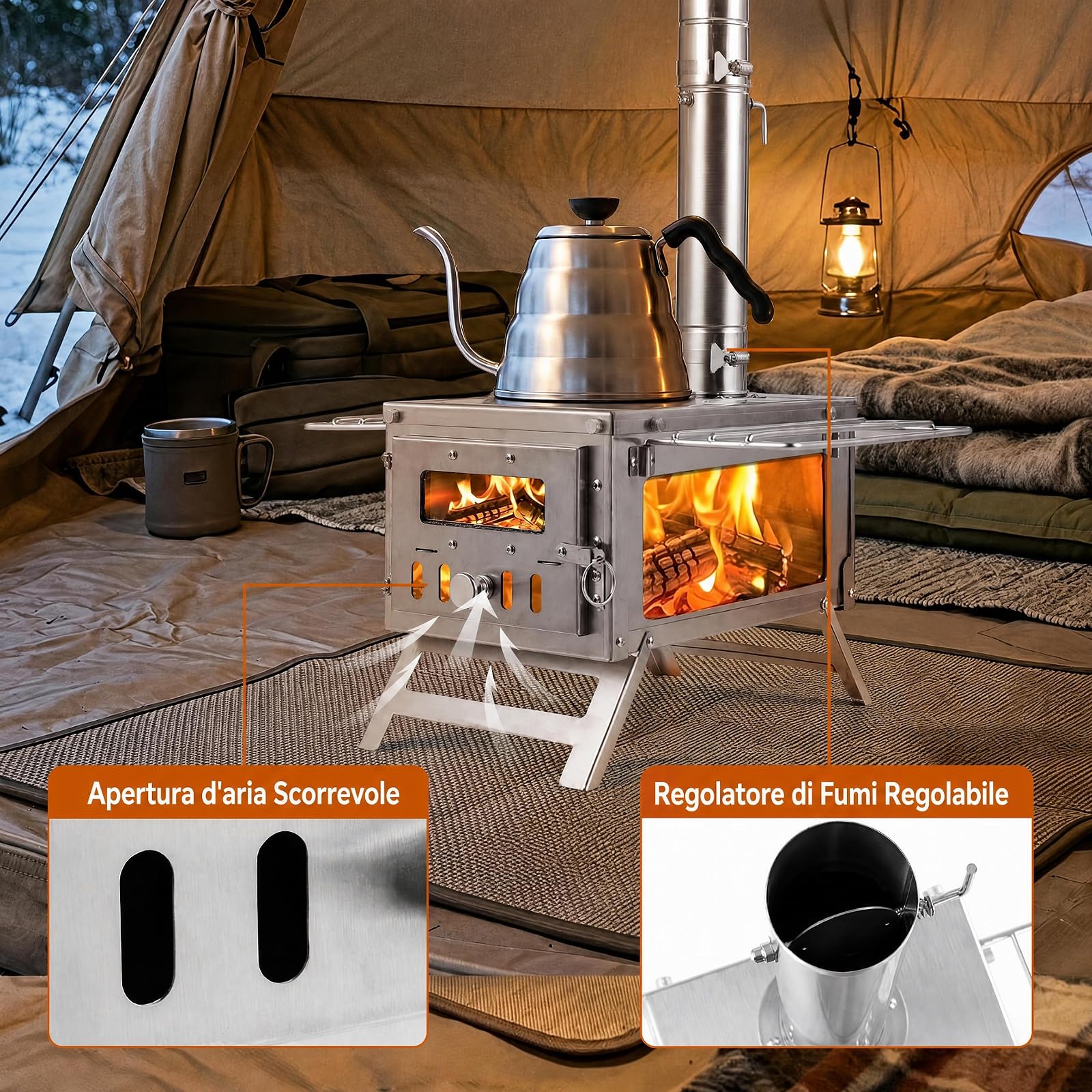 COSTWAY Stufa a Legna da Campeggio in Acciaio Inox, 45 x 37 x 219 cm
