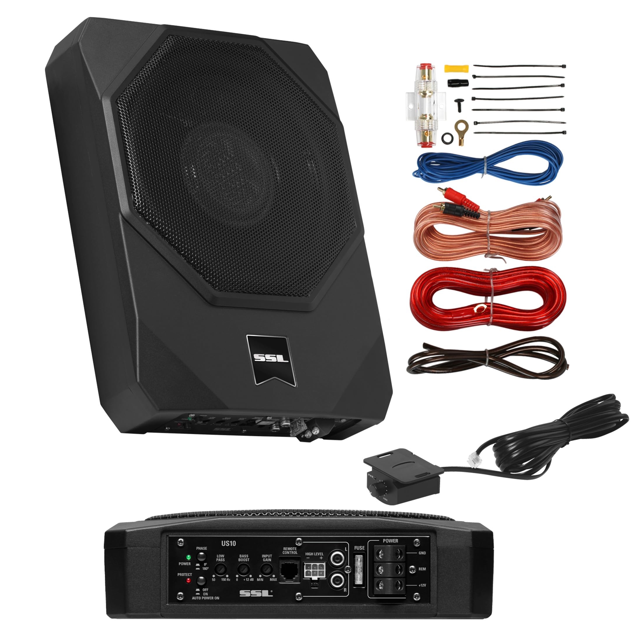 Sound Storm Laboratories US10K - Subwoofer amplificato per auto, potenza massima 1000 Watt, basso profilo, subwoofer da 25,4 cm, installazione calibro 8 inclusa, ideale per veicoli che hanno bisogno