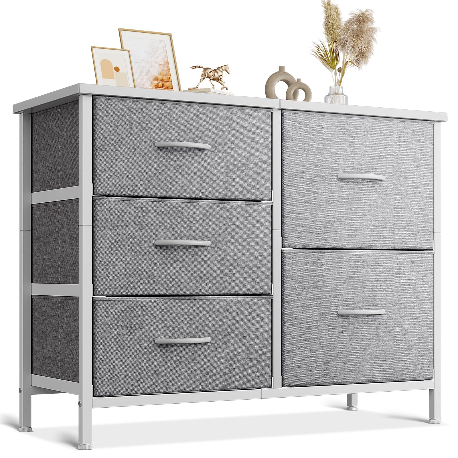 Coleshome Cassettiera Camera da Letto, Cassettiera Piccola Utilizzo Piano in Legno, Robusta Struttura in Acciaio, Adatta per Camera da Letto e Soggiorno, 76 x 29 x 60 cm, Grigio Chiaro