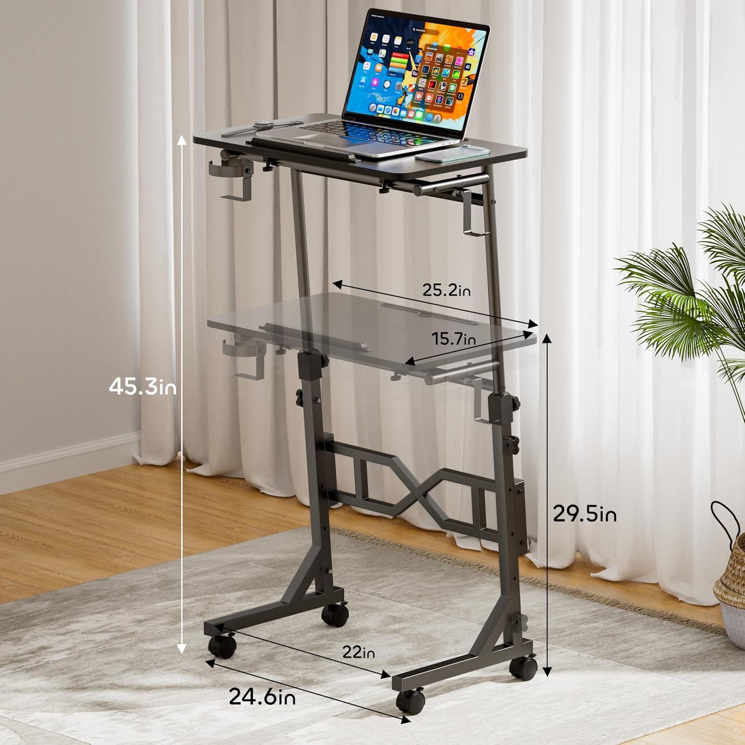 Small Standing Desk with Wheels, 29.5-45.3 Inch Adjustable Height, Portable Treadmill Desk, Rolling Computer Table for Walking Pad with a Cup Holder and a Hook