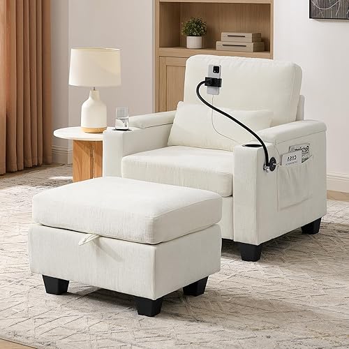 Chaise Lounge Chair para interiores con puerto USB y soporte para teléfono, sillón reclinable pequeño de felpilla con otomana de almacenamiento
