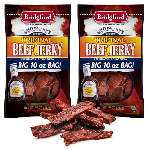 Bridgford Sweet Baby Ray's Beef Jerky Original - Paquete de 2 unidades de 10 onzas, cecina de res saludable con alto contenido de proteínas para tus
