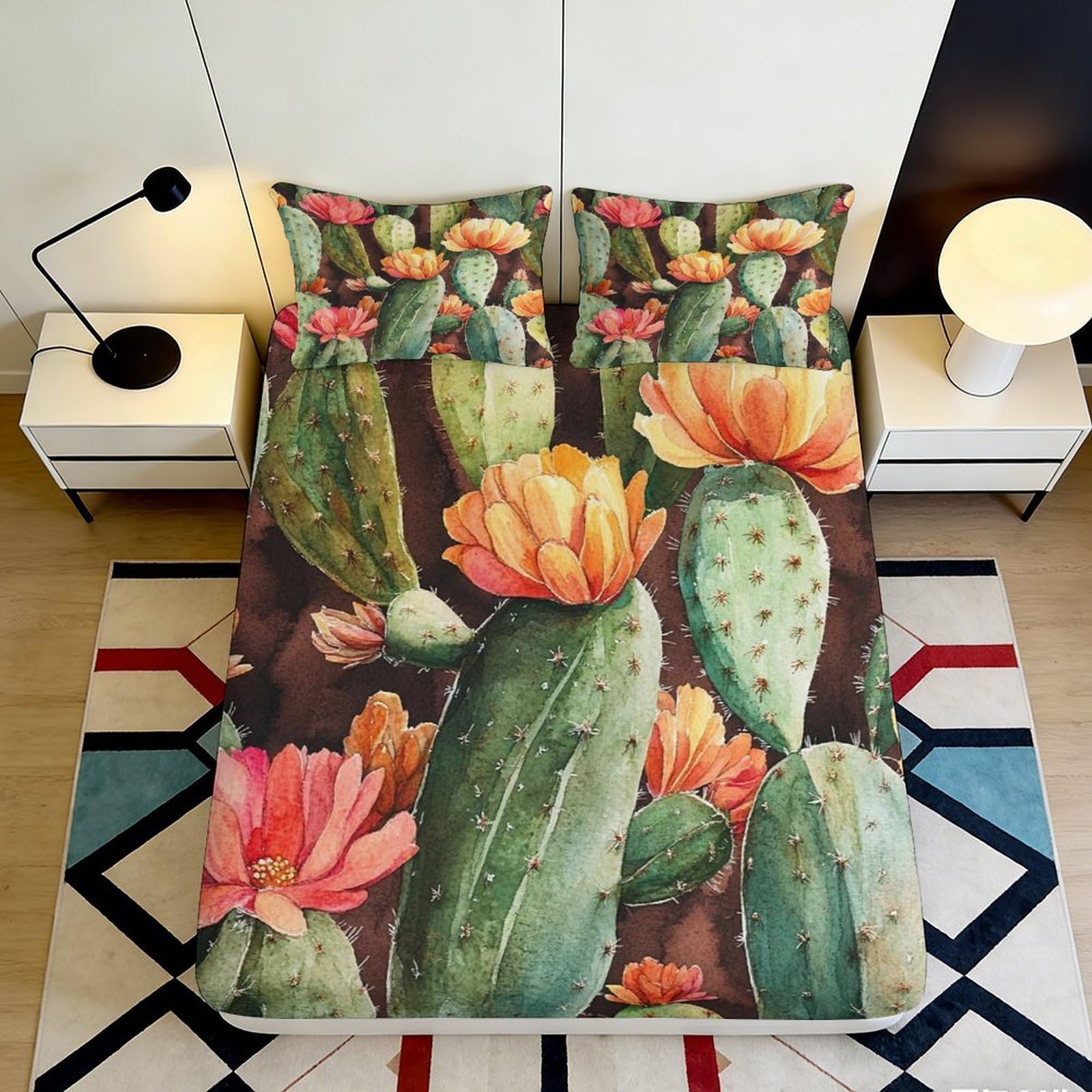 3D Printed Cactus Floral Fitted Sheet Microfiber Soft Breathable Succulent Bed Cover for Bedroom Dormitory Guest Room Mattress Protection Decor 90x200x25cm