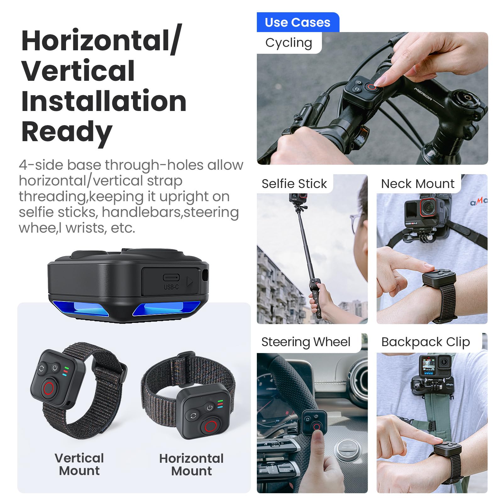 Telecomando Bluetooth senza fili intelligente per GoPro Hero 13/12 e Insta360 X5/GO 3S/Ace Pro 2, controllo otturatore impermeabile con cavo di ricarica