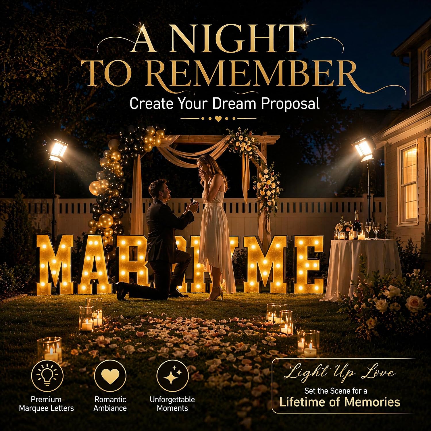 7-piece set of 3FT4FT black gold glitter 【 MARRY ME 】 giant white letter light, decoration for proposal parties, weddings, Valentine's Day, unforgettable surprise for proposal parties, suitable for indoor and outdoor party decoration, high-end luxury decoration (3FT)
