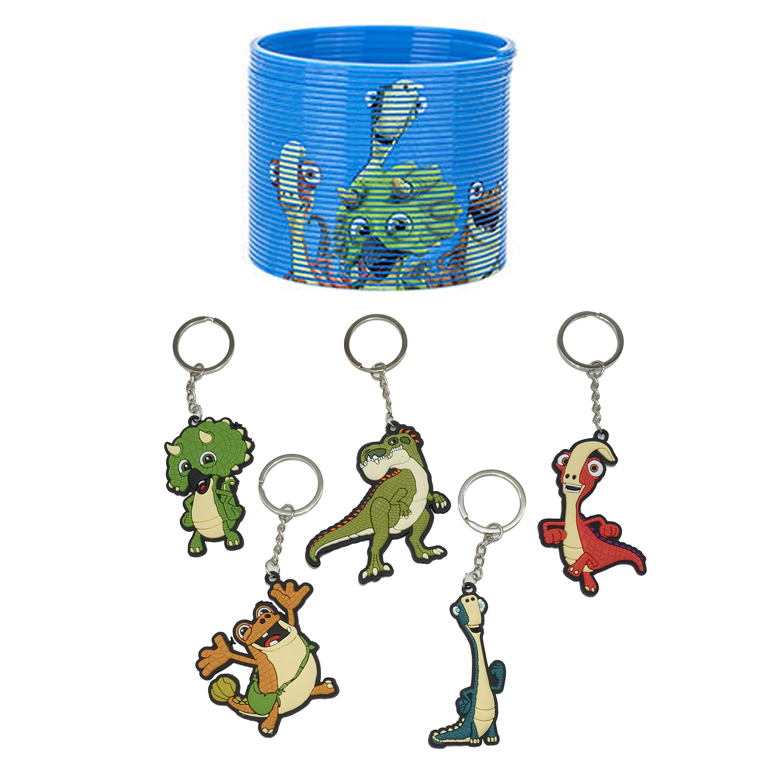 SRV Hub Gigantosaurus 6PCS Set - 5x Dino Character 2D Keyrings & 1x Blue Magic Spring, Perfect Christmas Party Bag Fillers & Stocking Stuffers for Kids 3+