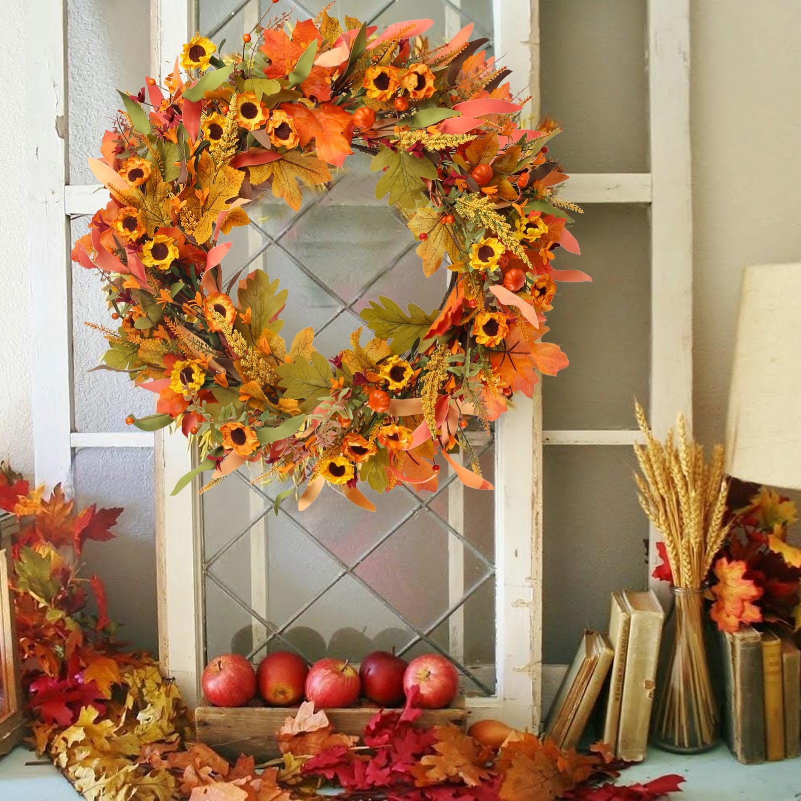 Zythrem Couronne d'automne pour porte d'entrée 61 cm / 24in Couronne de tournesol artificiel