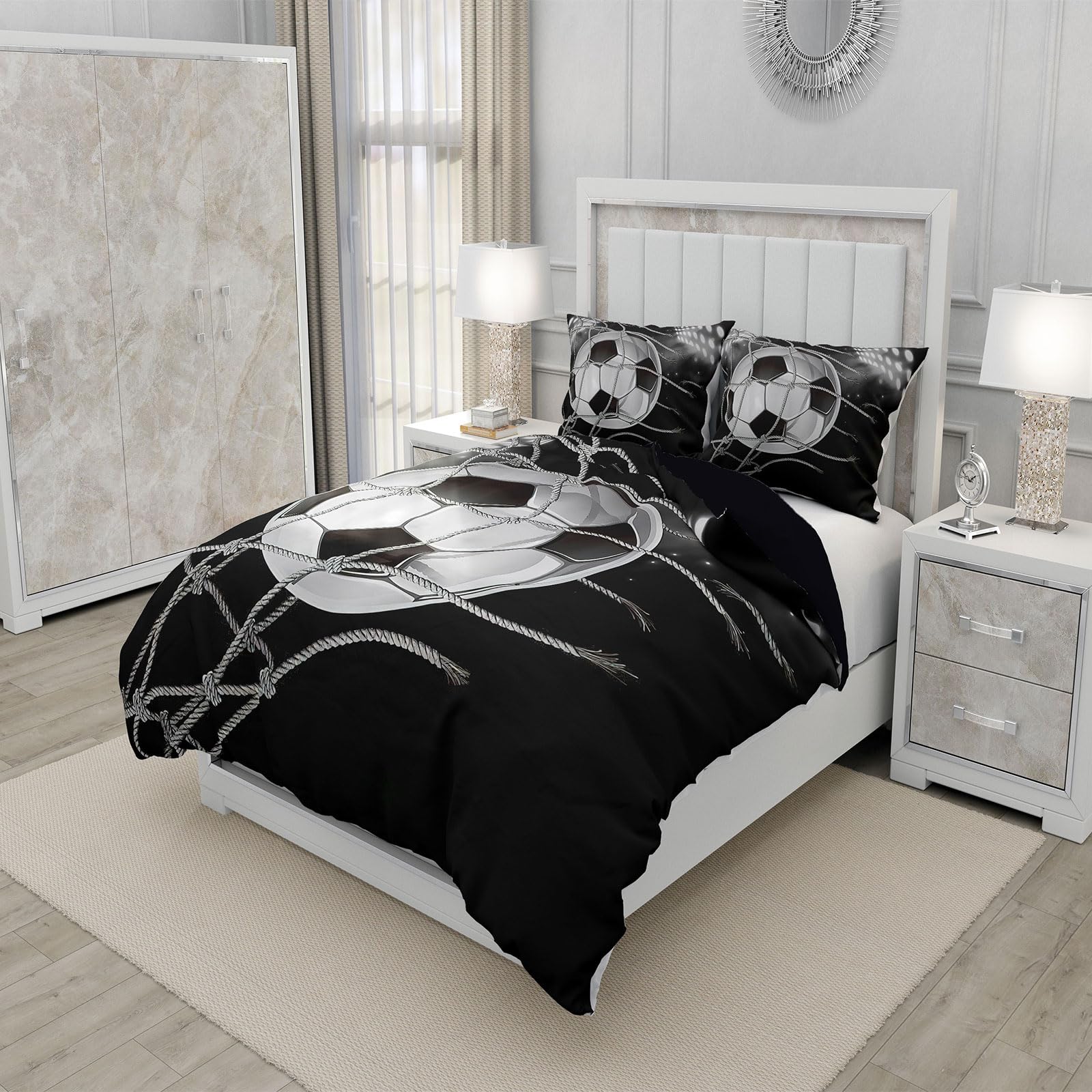 Juego de Cama de fútbol 220x240cm, Funda nórdica de Microfibra con Motivos de fútbol, con Cremallera y 2 Fundas de Almohada de 50x75 cm, para la decoración del Dormitorio (A, 220x240cm)