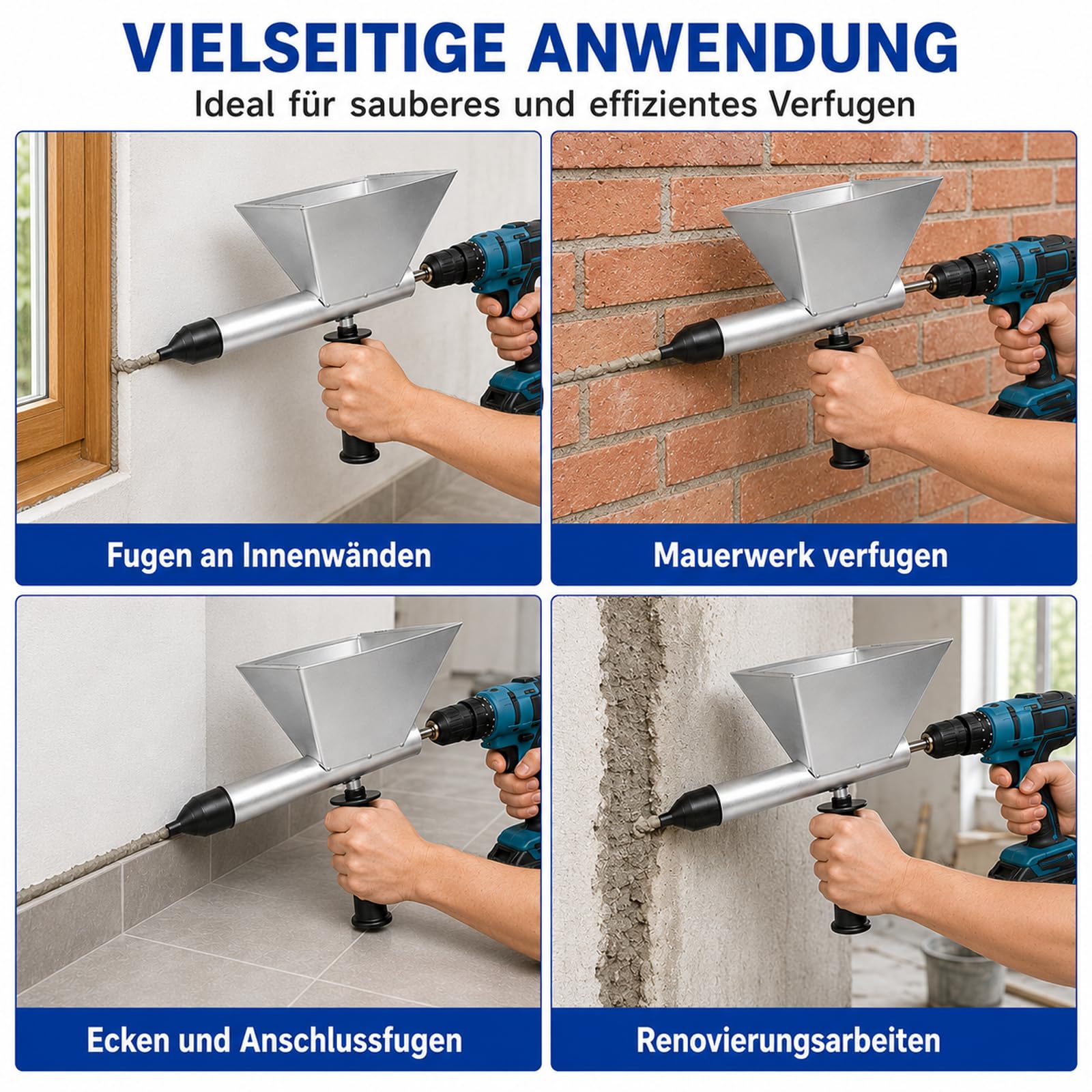 Elektrischer Fugenpistole für Mörtel mit 8 abnehmbaren Düsen, Tragbarer Elektrischer Mörtelspritze Fugenpistole, Trichterförmiges für Mörtelfuge Abdichten Werkzeug,Fugenpistole,Steinmauer Böden