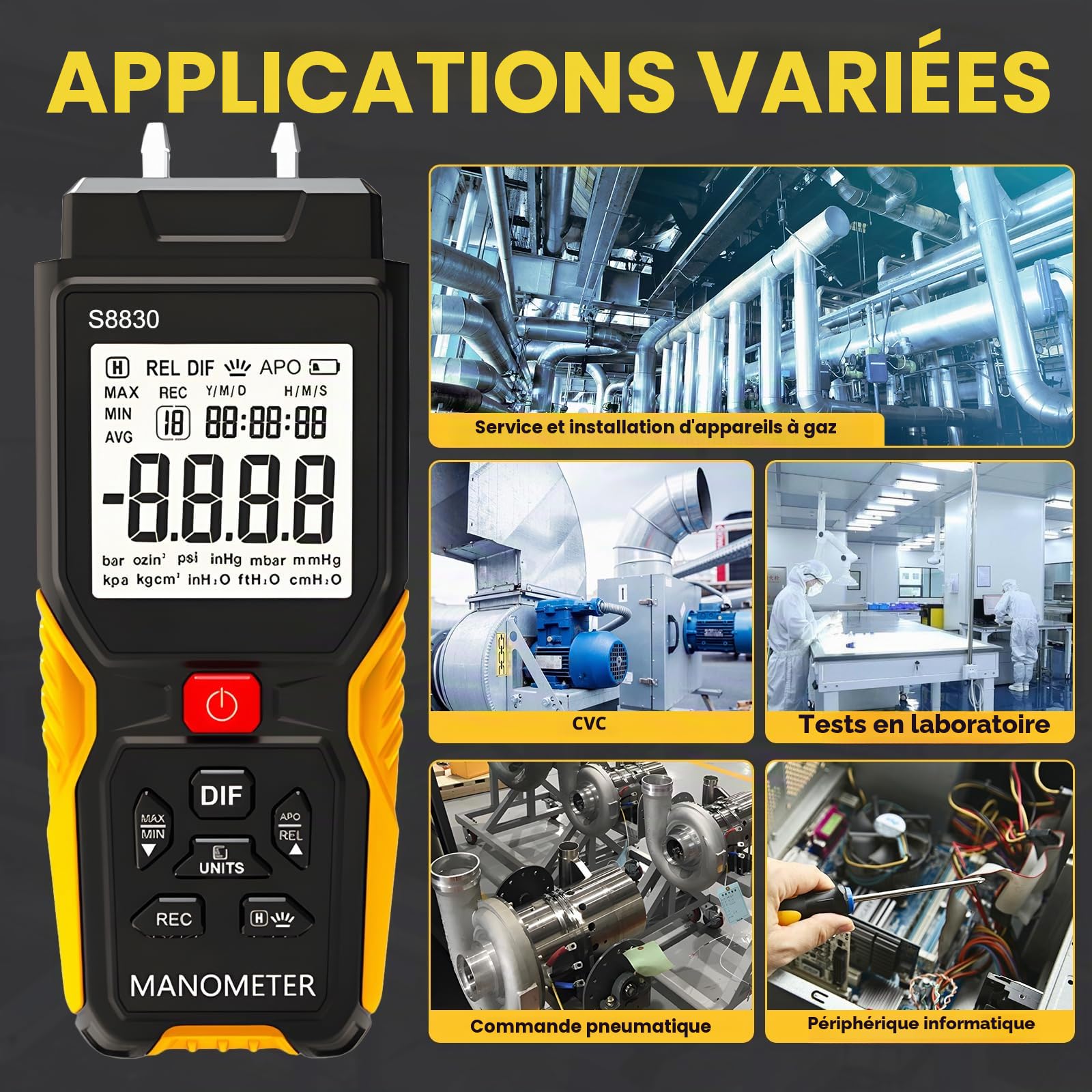Manomètre Numérique Testeur de Pression Différentielle ± 36,80 KPa Résolution 0,1 12 Unités Jauge de Pression de Gaz HVAC Double Port avec Alarme de Surpression et Enregistrement des Données