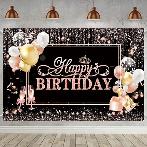 Cartel de fondo de feliz cumpleaños de oro rosa, pancarta de decoración de feliz cumpleaños, cartel de feliz cumpleaños negro y oro rosa, telón de