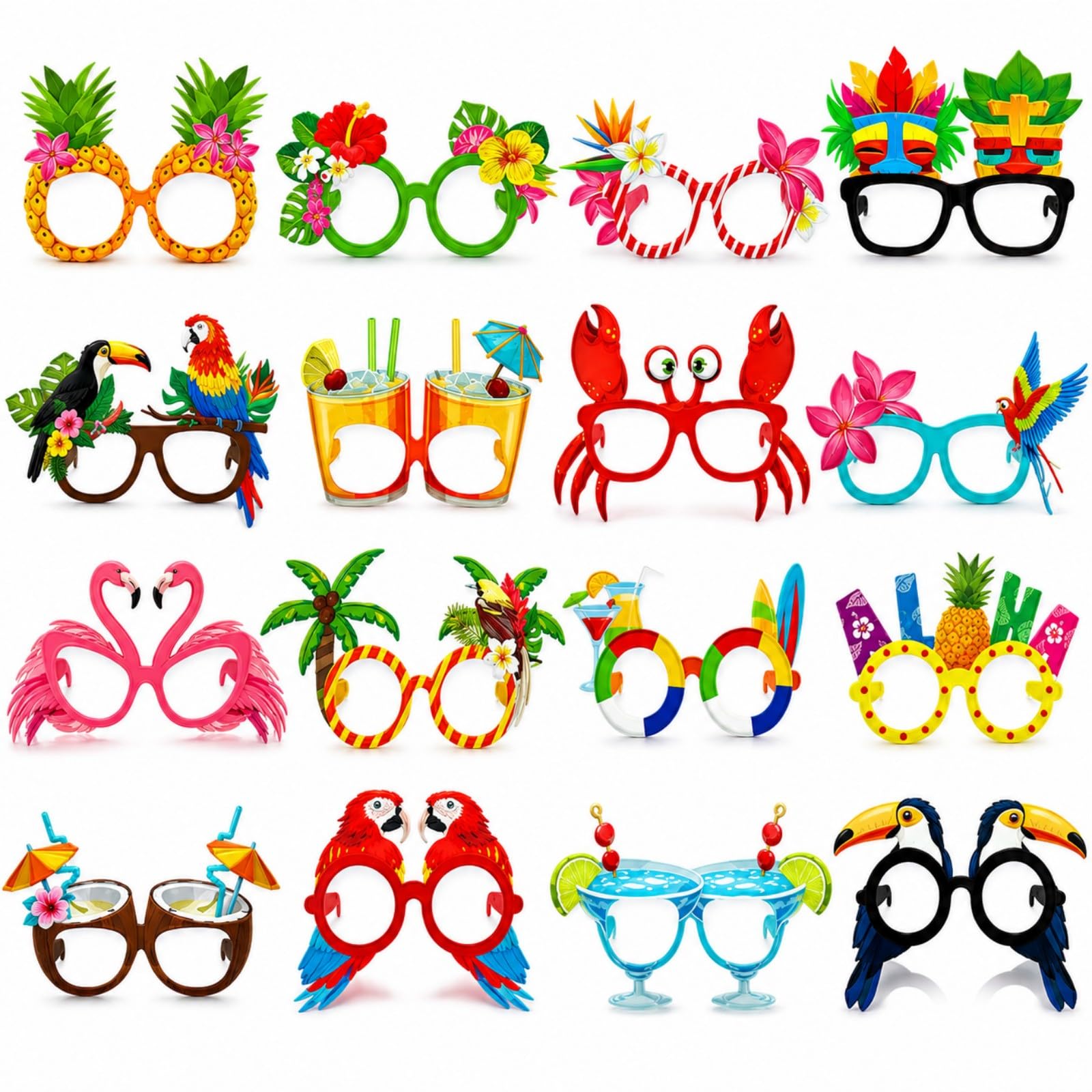 16 Piezas Gafas De Papel De Fiesta Tropical Hawaiano - Hawaianas Fiesta Gafas - Divertidas Decoracion Hawaiana - Accesorios Para Fotos En La Playa, En El JardíN Y En Fiestas Tropicales