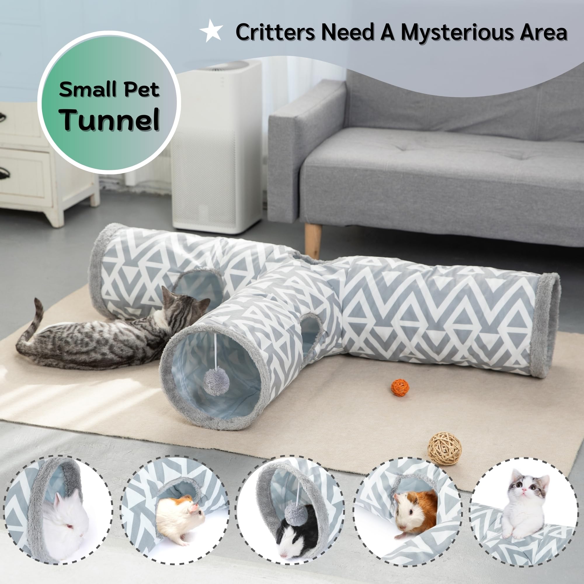 JanYoo Tunnel pliable à 3 voies pour chat d'intérieur - Jouet pour animal domestique - Cachette de lapin, cochon d'Inde, furet