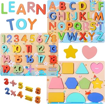 Wooden Puzzles for Toddlers, Voamuw Alphabet Number Shape Learning Education Preschool Toys for Kids Ages 3-6 Years Old Set of 3