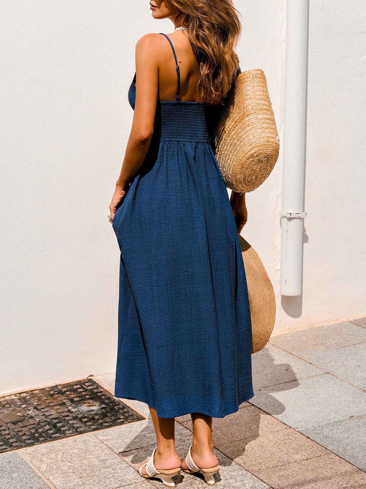 CUPSHE Damen Sommerkleid Maxikleid Spaghettiträger V-Ausschnitt Schleife Vorne Gesmokter Rücken A-Linie Strandkleid Boho Fließendes Urlaubskleid