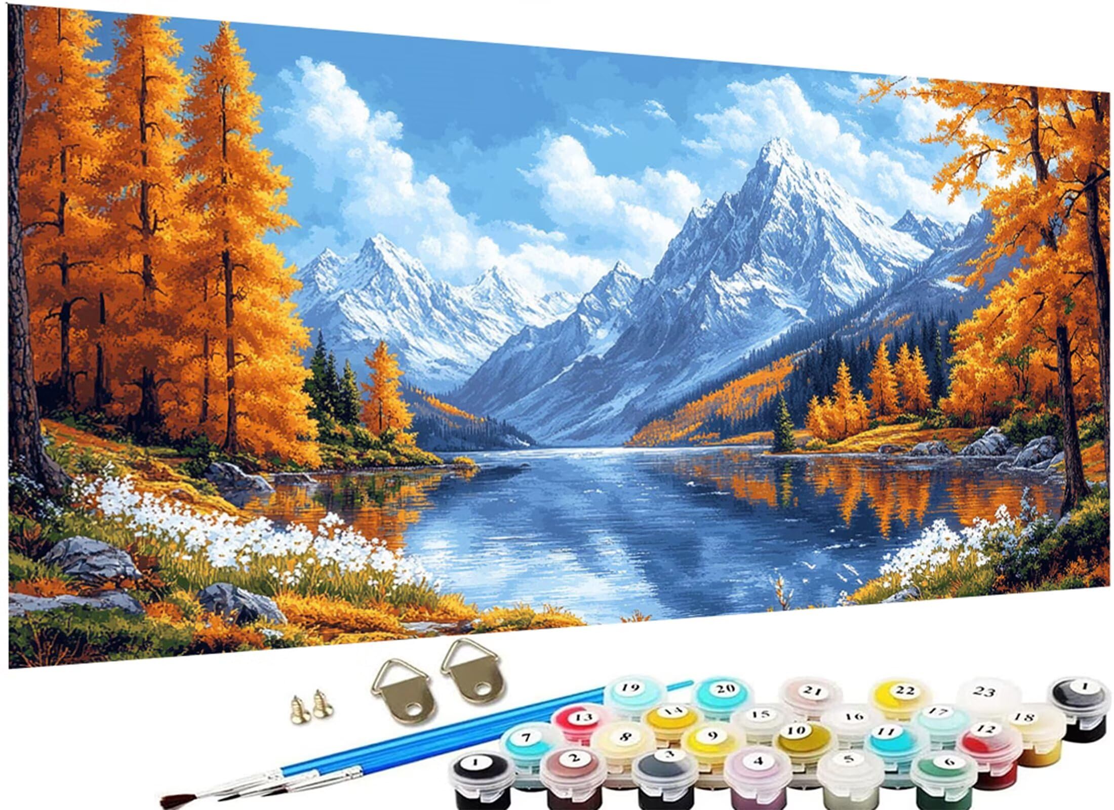 Snow Mountain Painting by Numeros Adult, DIY Painting by Numeros Adult, Lake Paint by Numbers Adult Canvas Obraz olejny z 3 pędzlami i pigmentem akrylowym, 50 x 100 cm (bez ramki) J3-22