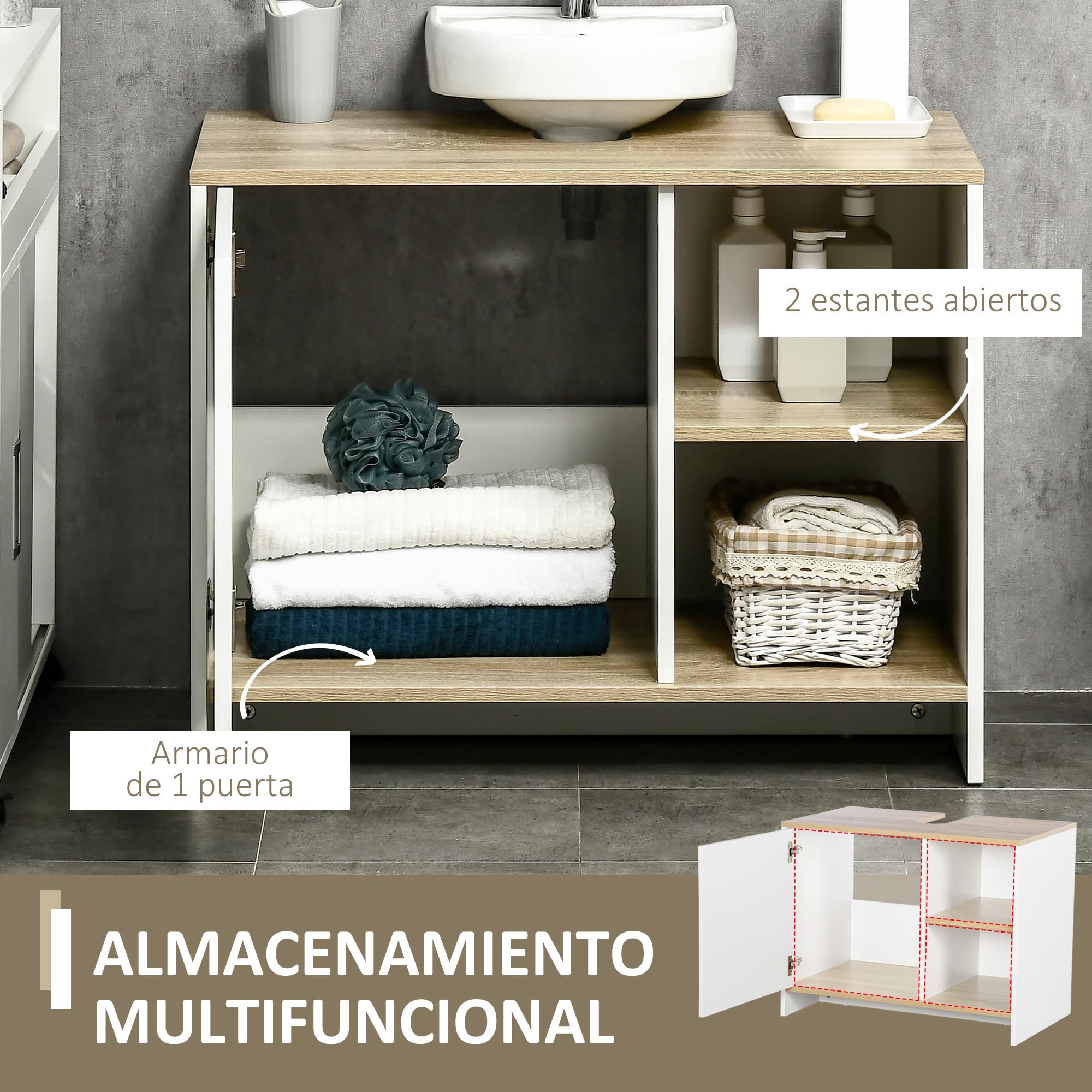 kleankin Mueble Bajo Lavabo Mueble de Baño 77x45x60 cm Blanco y Natural | con Compartimentos y Puerta