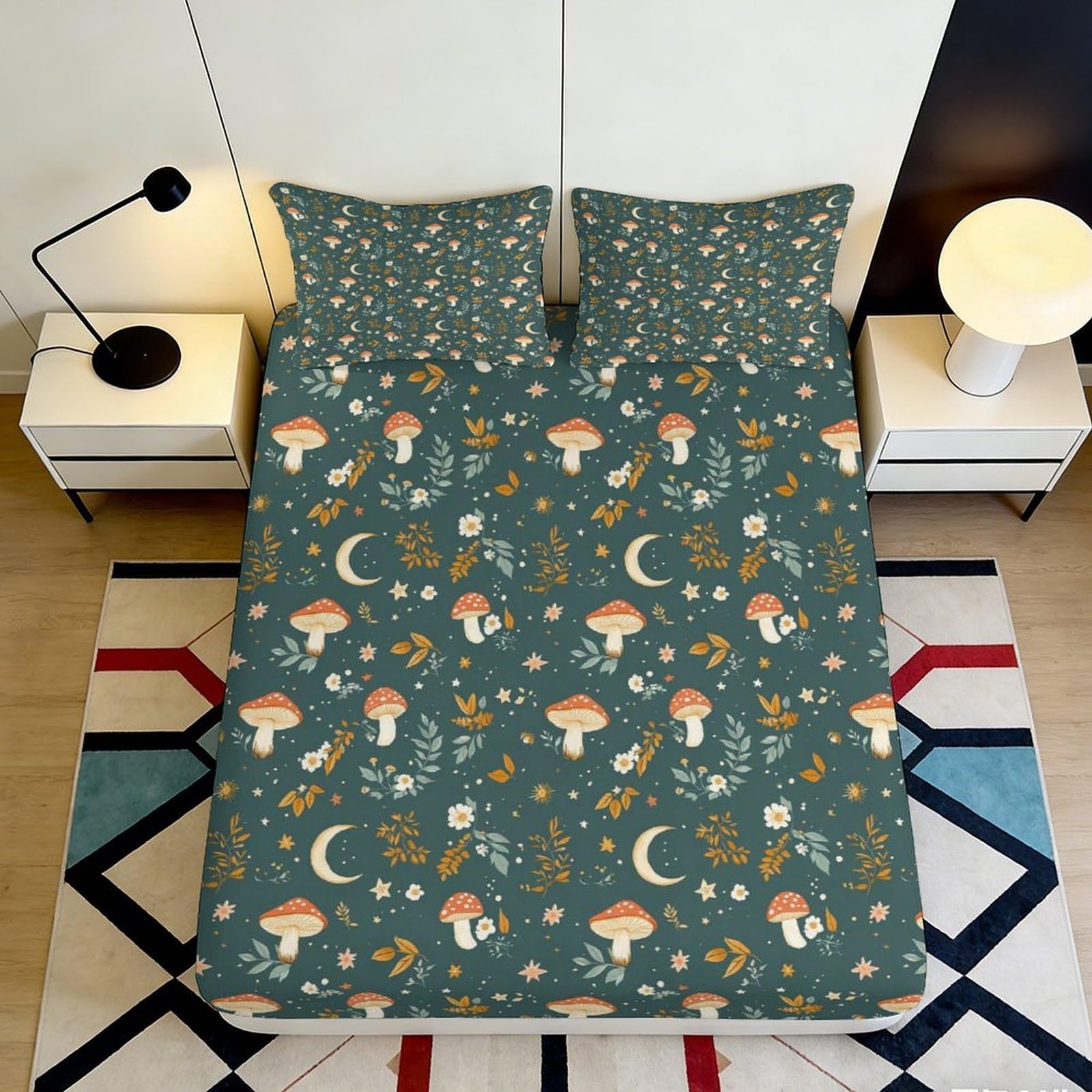Pnayamiorkfel Style-7 3D Printed Mushroom Moon Fitted Sheet Microfiber Anti-Slip Star Botanical Bed Cover For Bedroom Guest Room Easy Care 90X200x25cm