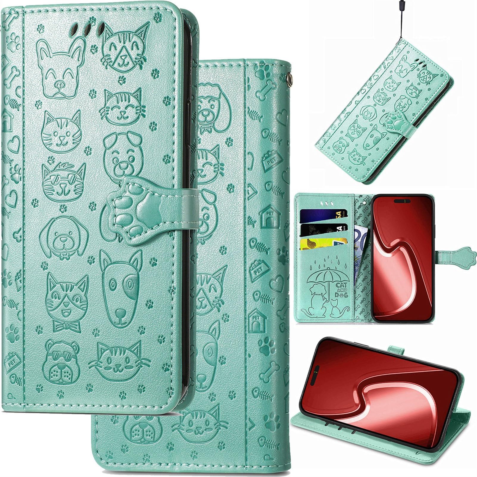 for iPhone 14 Plus Phone Leather Case, Relief Cartoon Cat Dog Folio Flip Cover, Card Holder Cash Slot, Magnetic Cute Cat Paw Clasp, Hand Wrist Strap, Stand Support