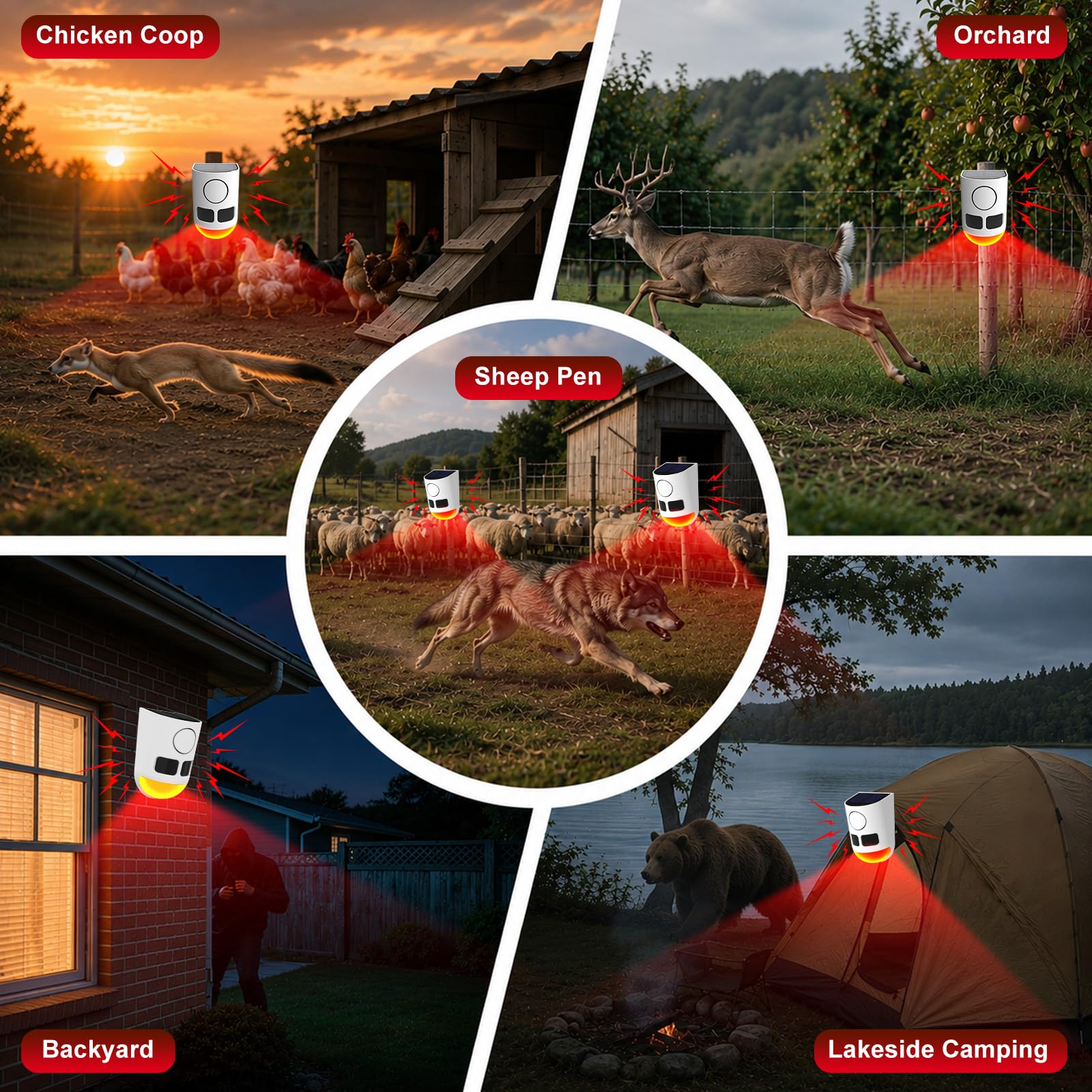 4 pièces Alarme Solaire Extérieure à Détection de Mouvement | 129 dB, 13 Sons, Étanche IP65 avec Clignotant Lumineux, 3 Modes, pour Jardin et Ferme