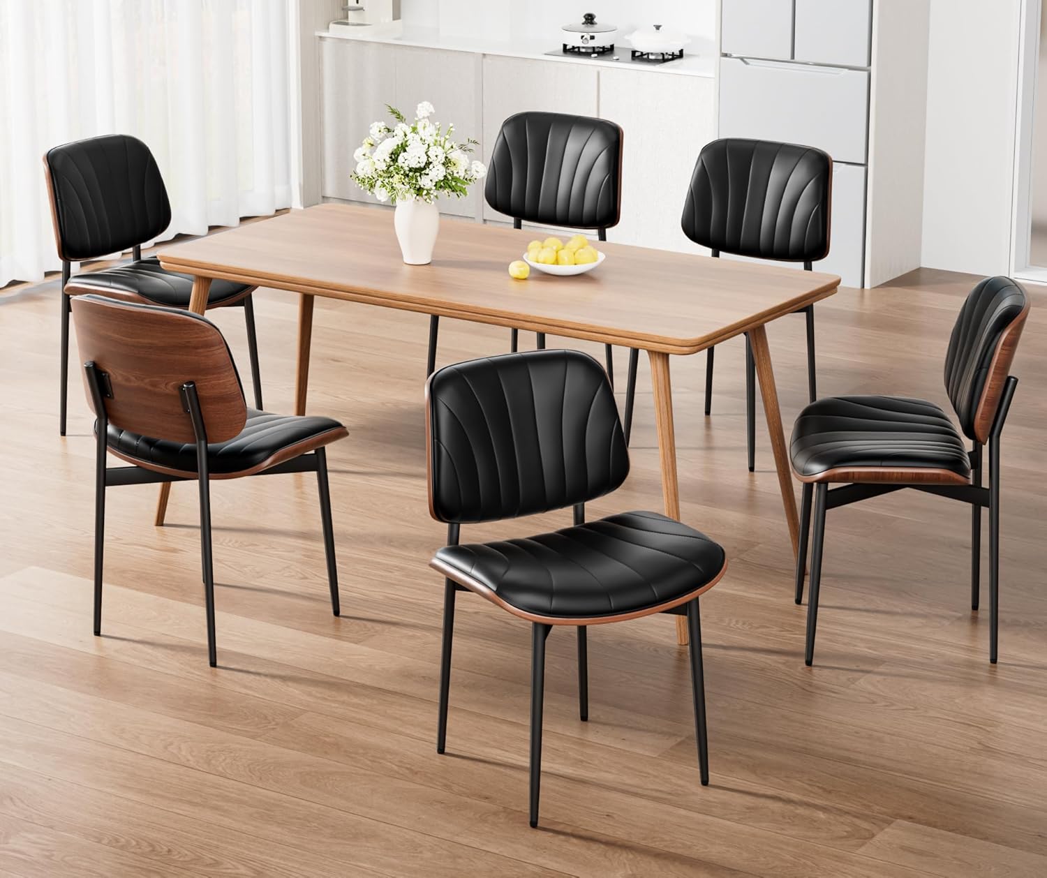 REONEY Dining Chairs Set of 6, Mid-Century Modern Upholstered PU Leather Chairs with Walnut Bentwood Back and Metal Legs Adjustable Feet for Kitchen Dining Room, Black Shell Strips