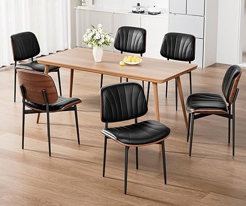 Miniatura 9 de Juego de 2 sillas de comedor, modernas sillas tapizadas de piel sintética de mediados de siglo con respaldo de madera curvada de nogal y patas de