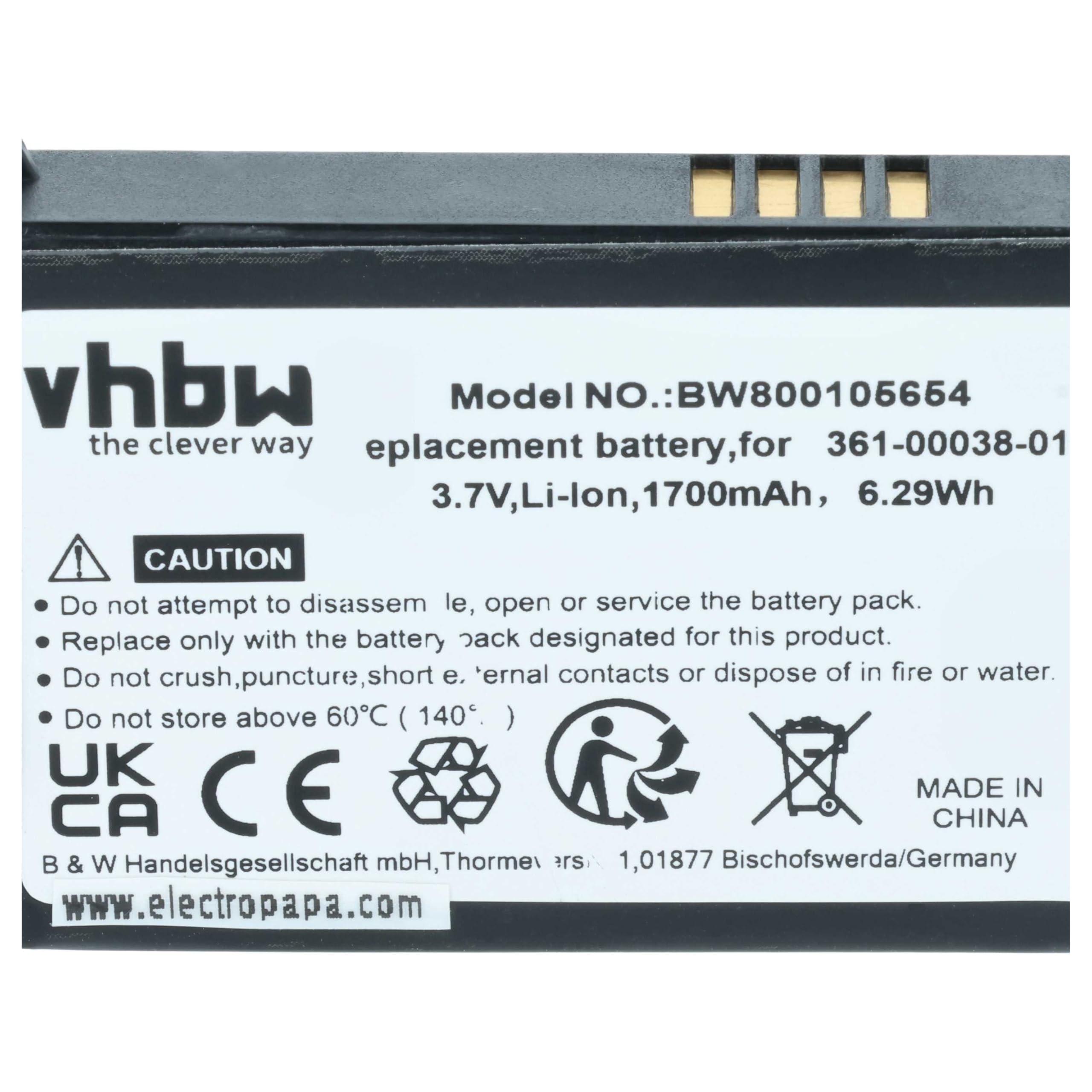 vhbw batteria sostituisce Garmin 361-00038-01, 010-11143-00 per navigatore GPS (1700mAh, 3,7V, Li-Ion)