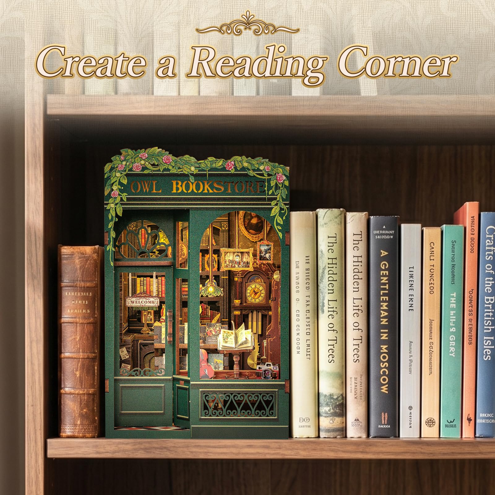 Fsolis Book Nook DIY - Miniatura in Legno Casa delle Bambole, Inserto per Libreria, Decorazione Creativa Biblioteca, Modello Costruibile & Regalo Originale(Owl Bookstore)