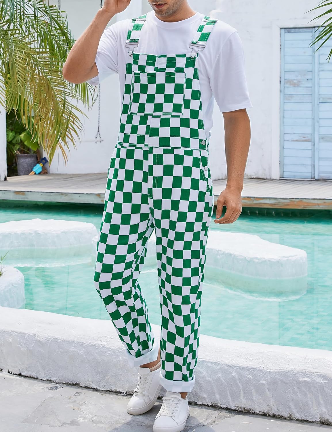 Checkered Pants Mens Overalls Bib Coveralls Cute Stretch Jeans Jumpsuit - Image 4