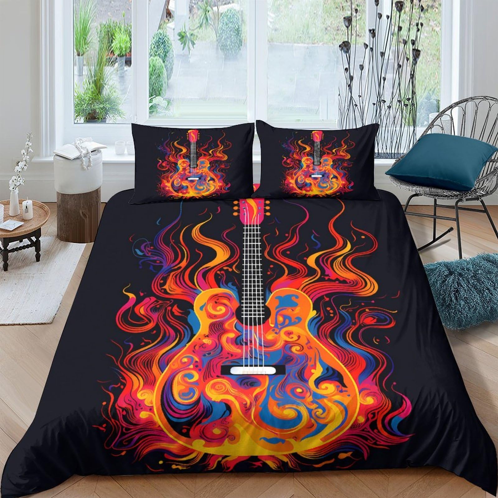 Ctjqhvkz Style-1 3D Printed Flaming Guitar Fitted Sheet Microfiber Black Fire Art Mattress Cover For Bedroom Guest Room Decor Single（135X200cm）
