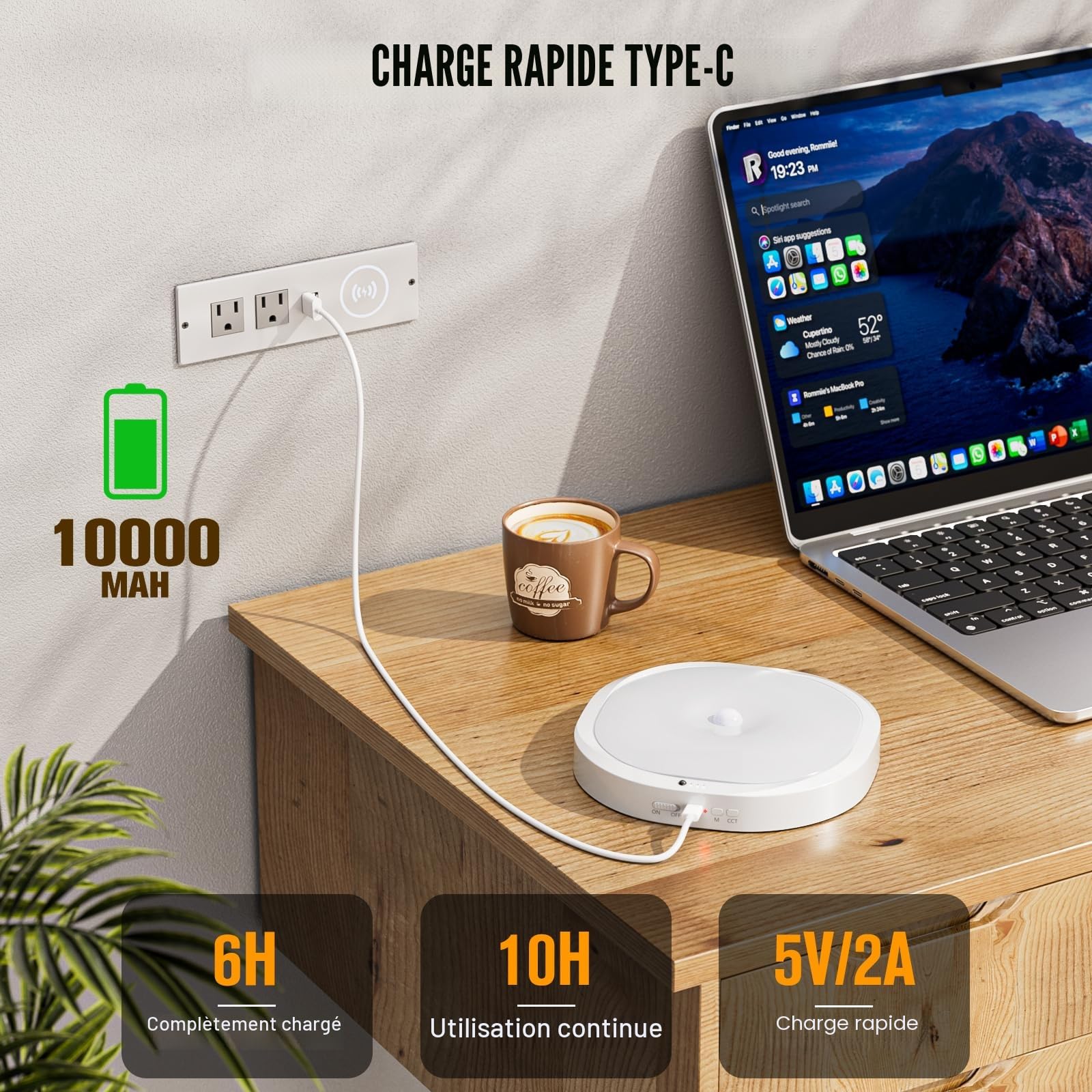 Lampe de Plafonnier avec Batterie 10000mAh, Détecteur de Mouvement