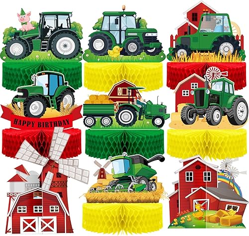 9 piezas de centro de mesa de nido de abeja de tractor, decoración de fiesta de cumpleaños con temática de tractor verde de granja, decoración de