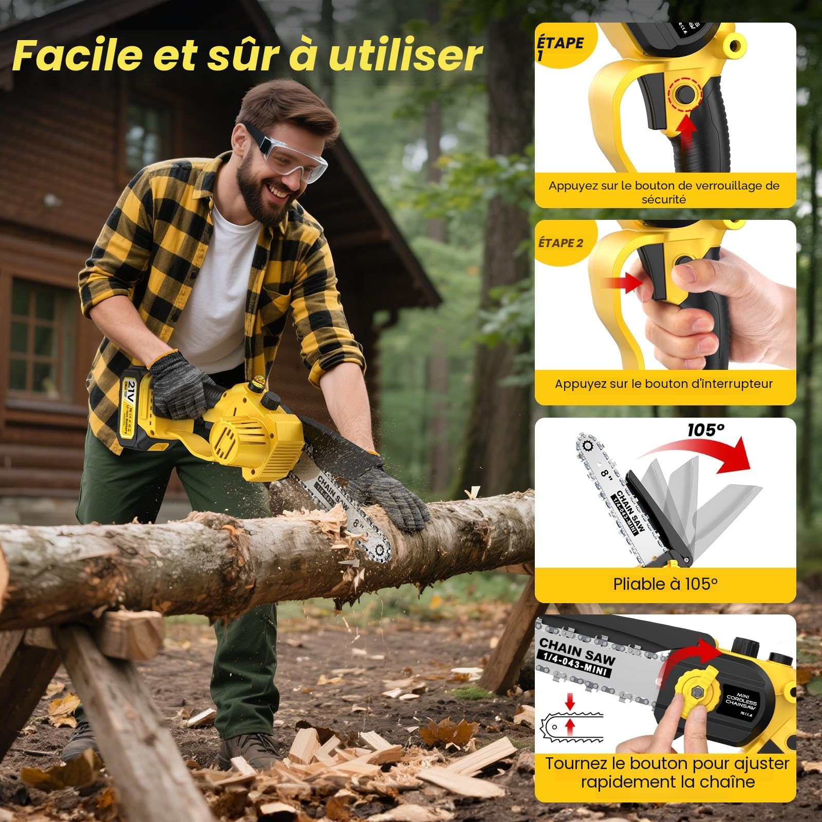 Mini Tronconneuse à Batterie, 8000 mAh Tronçonneuse Électrique Sans Fil, 1000W 8 & 6 Pouces Tronconneuse à Batterie pour Branches et Jardin,avec Système D'huile Automatique, Compatible avec Makita 18V