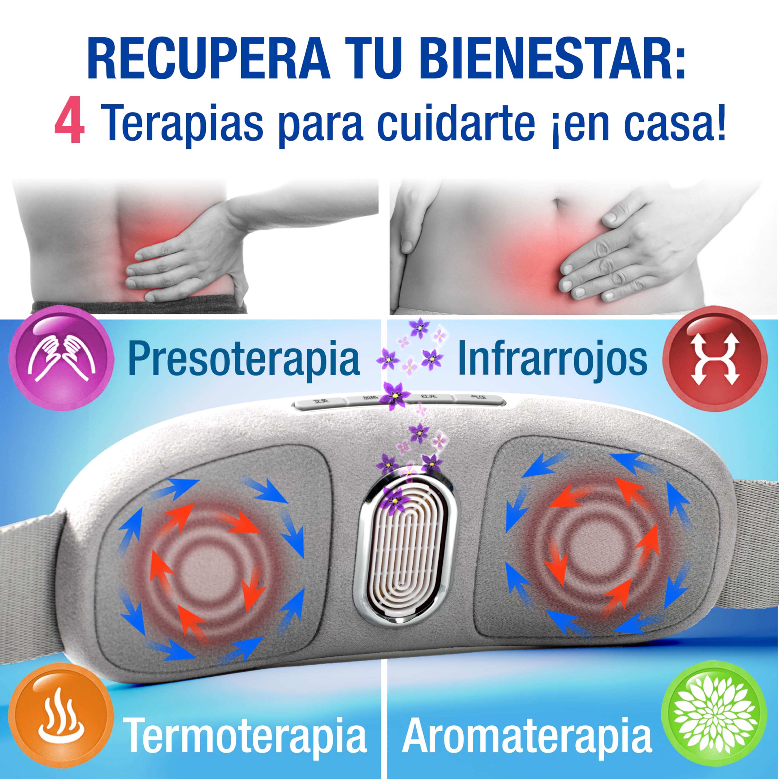 Cinturón de Masaje PRESS MASSAGER Ayuda a aliviar el dolor de espalda y abdominal. Masaje Shiatsu por Presoterapia, Infrarrojos, Termoterapia y Aromaterapia. Sin cables. Mando a distancia. Ajustable.