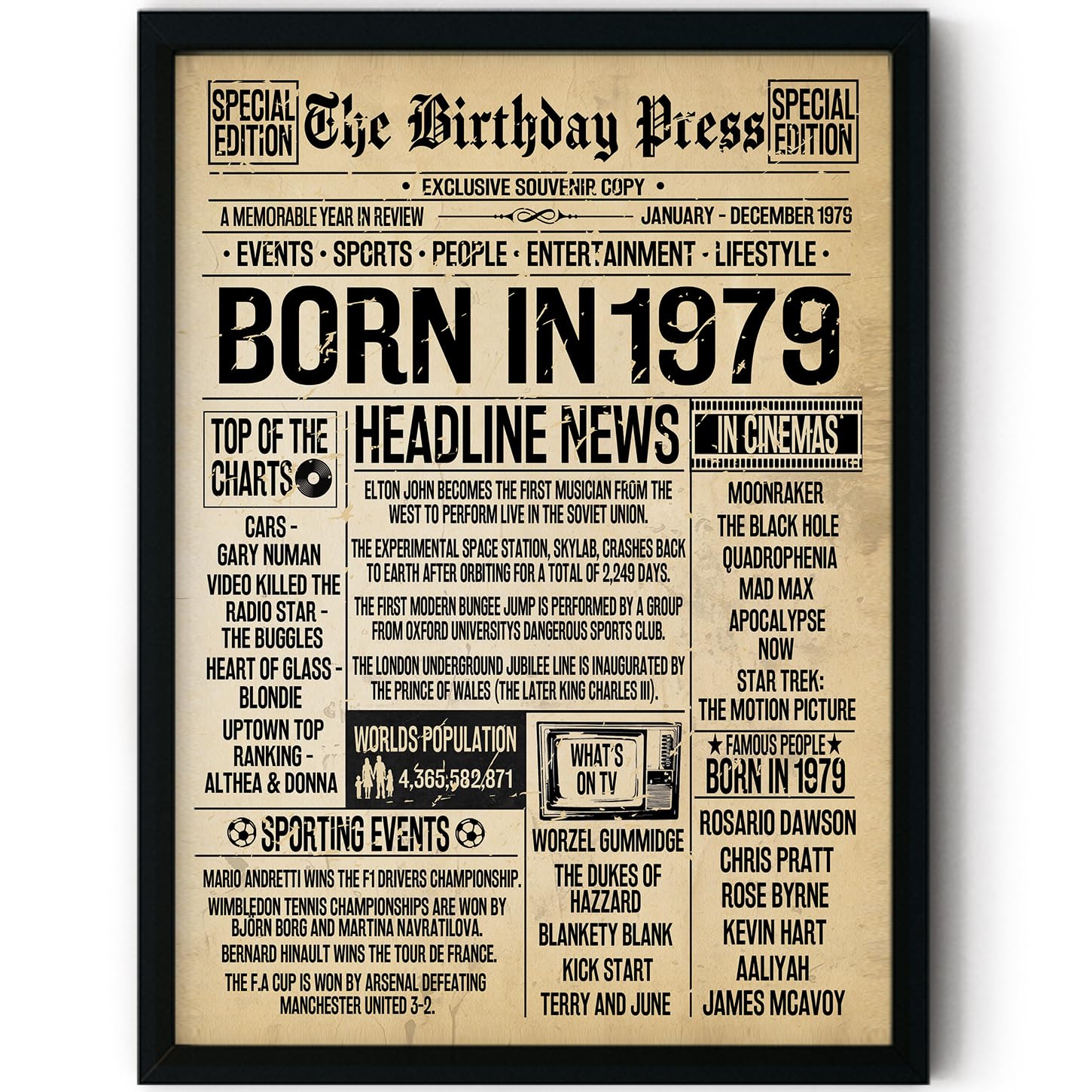 Stuff4 47th Birthday Poster Framed - Born In 1979 Vintage Newspaper - Happy 47th Birthday Gifts for Women Men Retro Back In 1979, 8x10 Inch Decor Decoration Bday Party