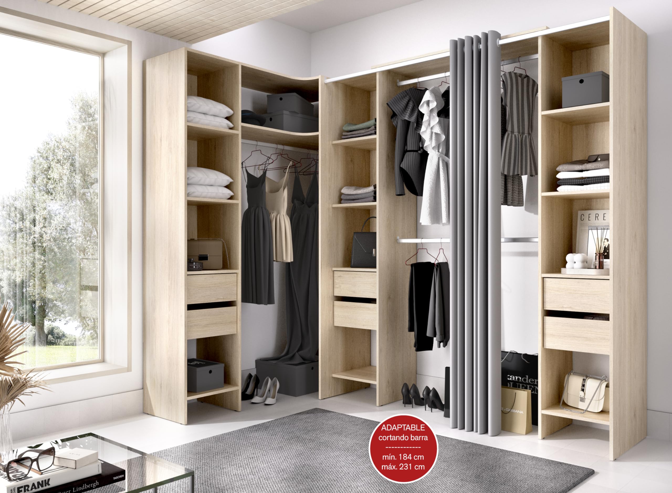 DEKIT GRUPO RIMOBEL SUIT - Composizione di Cabina Armadio angolare con due colonne, zona con barre appendiabiti e tenda – Rovere Naturale – 205 x 164-234 x 141 cm