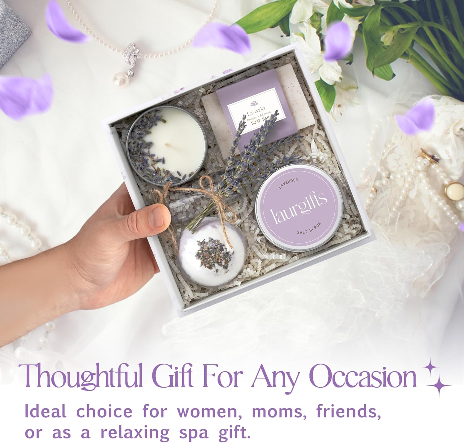 Lavender Spa Gift Box for Women – Small Candle Set with Bath Gifts, Relaxing Self Care Spa Set, Birthday Basket for Women, Mom & New Mom - Image 8