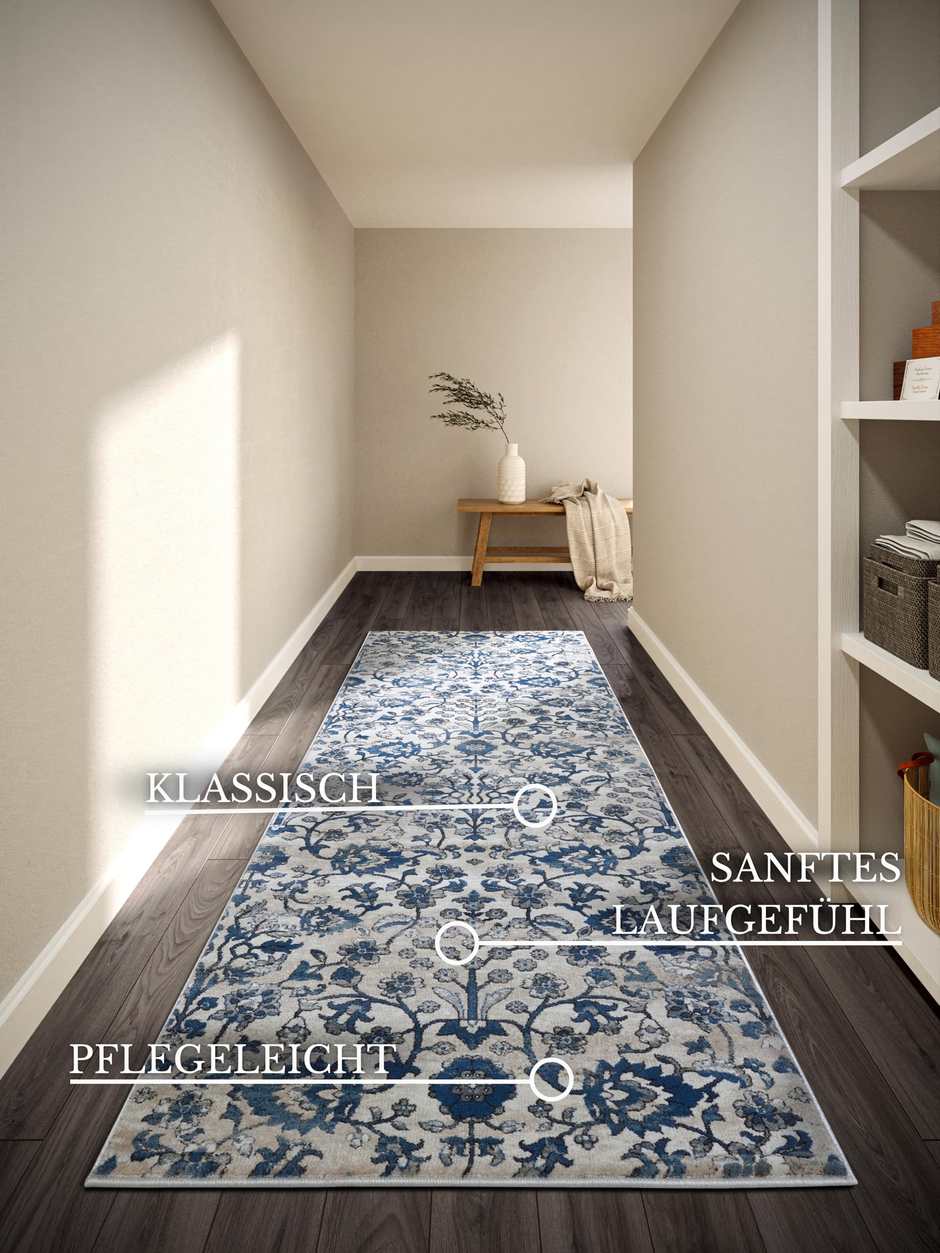 Villeroy & Boch Tapis Ernest à Poils Courts - Tapis de Salon Classique - Tapis Traditionnel pour Salon, Chambre à Coucher, Salle à Manger, Couloir, Cuisine - Bleu crème, 80 x 240 cm