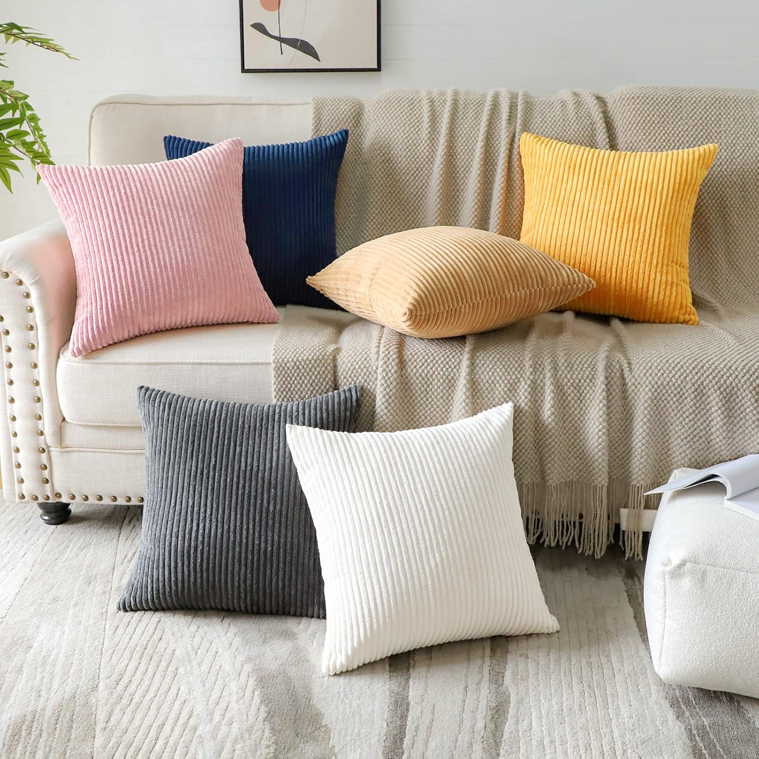 OTOSTAR Set of 4 Cream White Soft Striped Corduroy Decorative Throw Pillow Covers 18x18 Inch Square Pillowcases for Sofa Car Patio Bedroom Living Room Home Decor Cushion Covers 45x45cm - Image 8