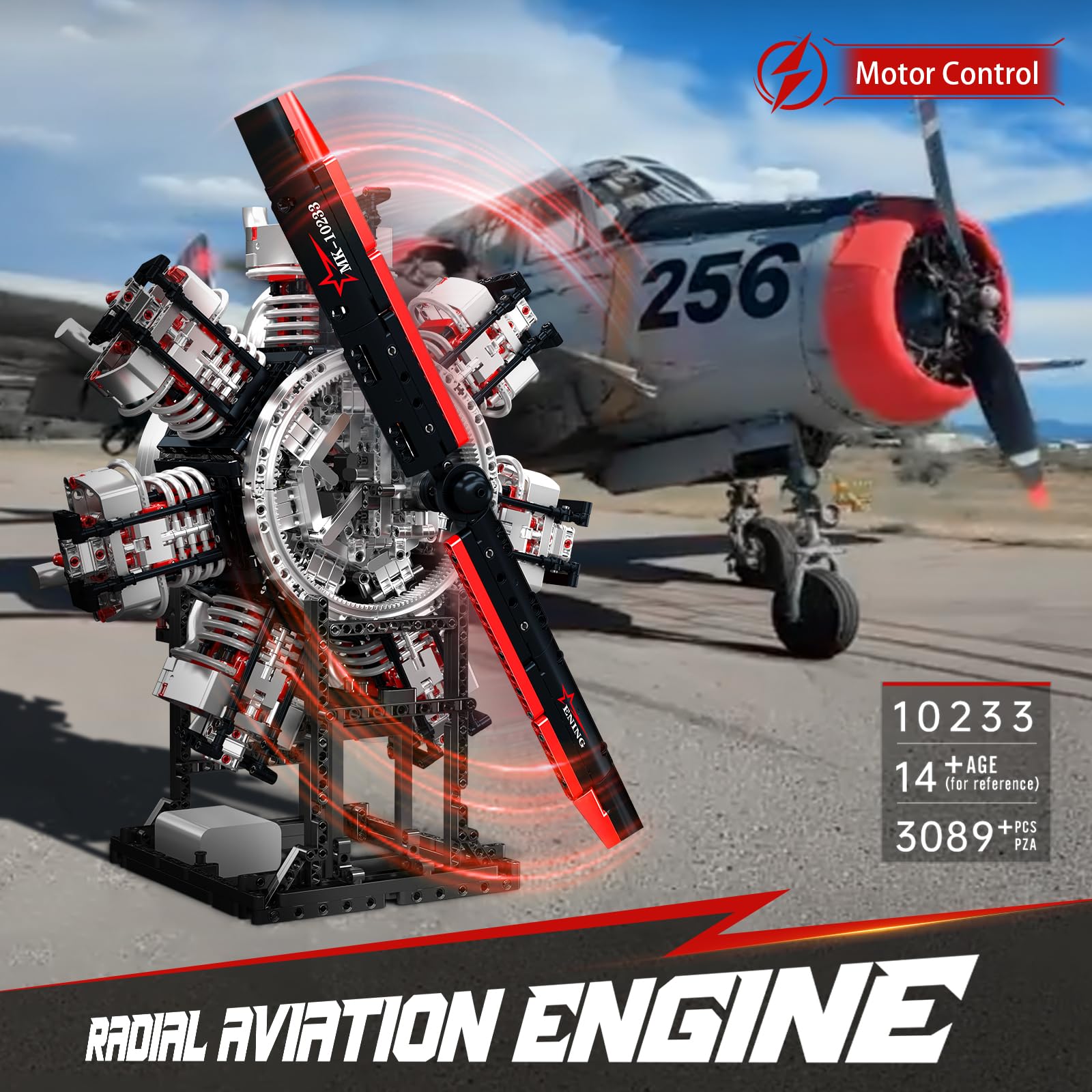 Mould King 10233 MOC Kit de construction technique, modèle d'avion à moteur en étoile avec moteur électrique et pièces mécaniques mobiles, jouet de construction d'avion, kit de construction (plus de