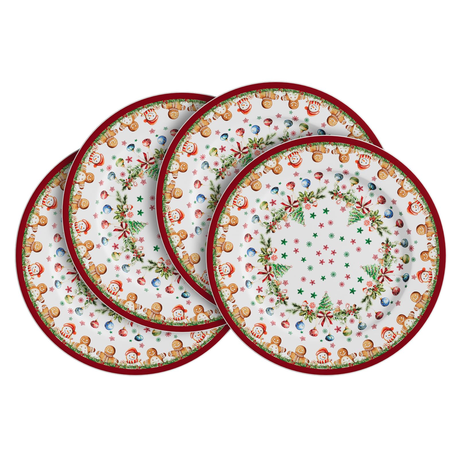 VJF Christmas Ceramic Dinner Plates 10.5 Inch Set of 4 Round Xmas Snowman Gingerbread Man Holiday Stackable Porcelain Plates Microwave & Dishwasher