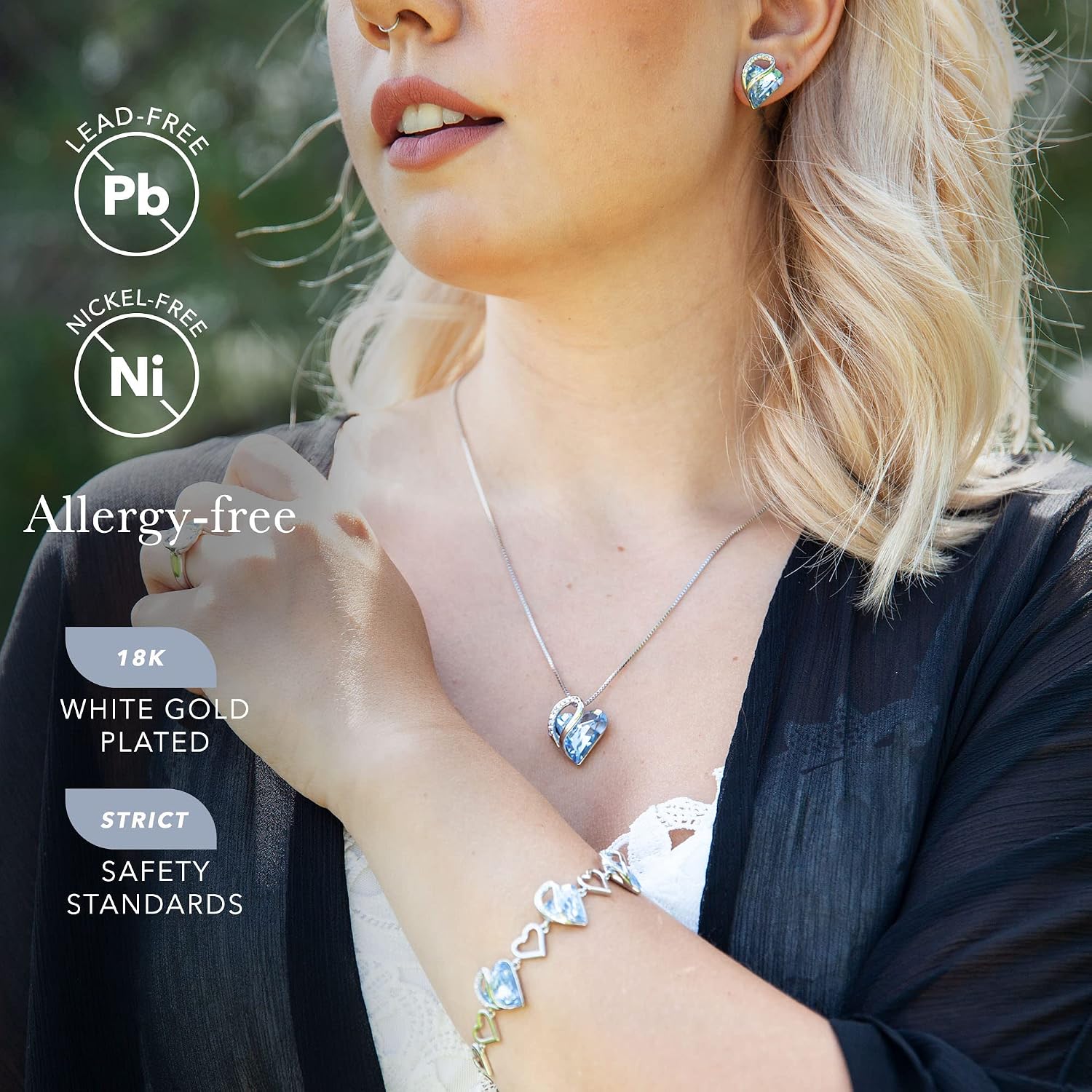 Leafael Infinity Love Heart Necklace, Stud Earrings, and Bracelet for Women, March Birthstone Crystal Jewelry, Silver Tone Gifts for Women, Light Sapphire Blue
