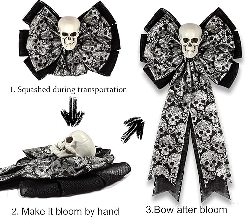 Miniatura 4 de Decoración gótica de calavera, lazos de Halloween para coronas, lazo decorativo para árbol de Halloween, lazo decorativo con purpurina de calavera