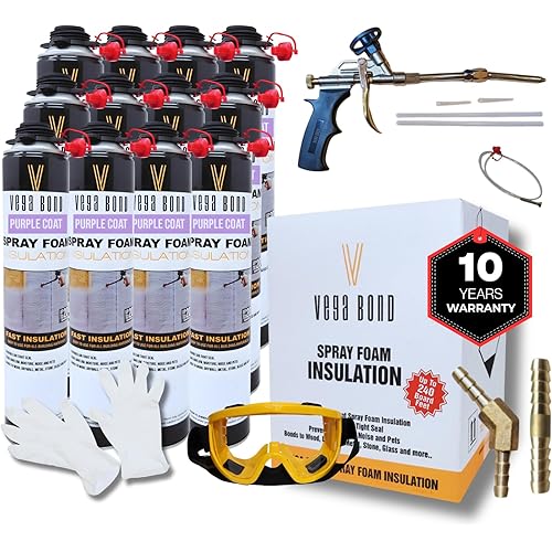 Vega Bond SF001 12-Packs with Gun, Premium Single Component, Self Expanding, Purplecoat Closed Cell Insulation Spray Foam, 29 oz w/ 5.66 R-Value, Acoustic Spray (240 Board Feet Coverage )