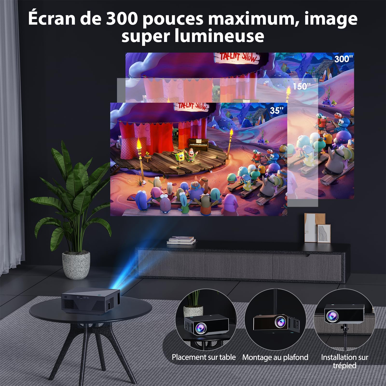Projecteur Wielio HD, résolution 1080P compatible 4K, projecteur Bluetooth WiFi, écran HD 18 000 lumens, compatible avec une taille de projection de 30 à 200 pouces, compatible avec plusieurs appareil