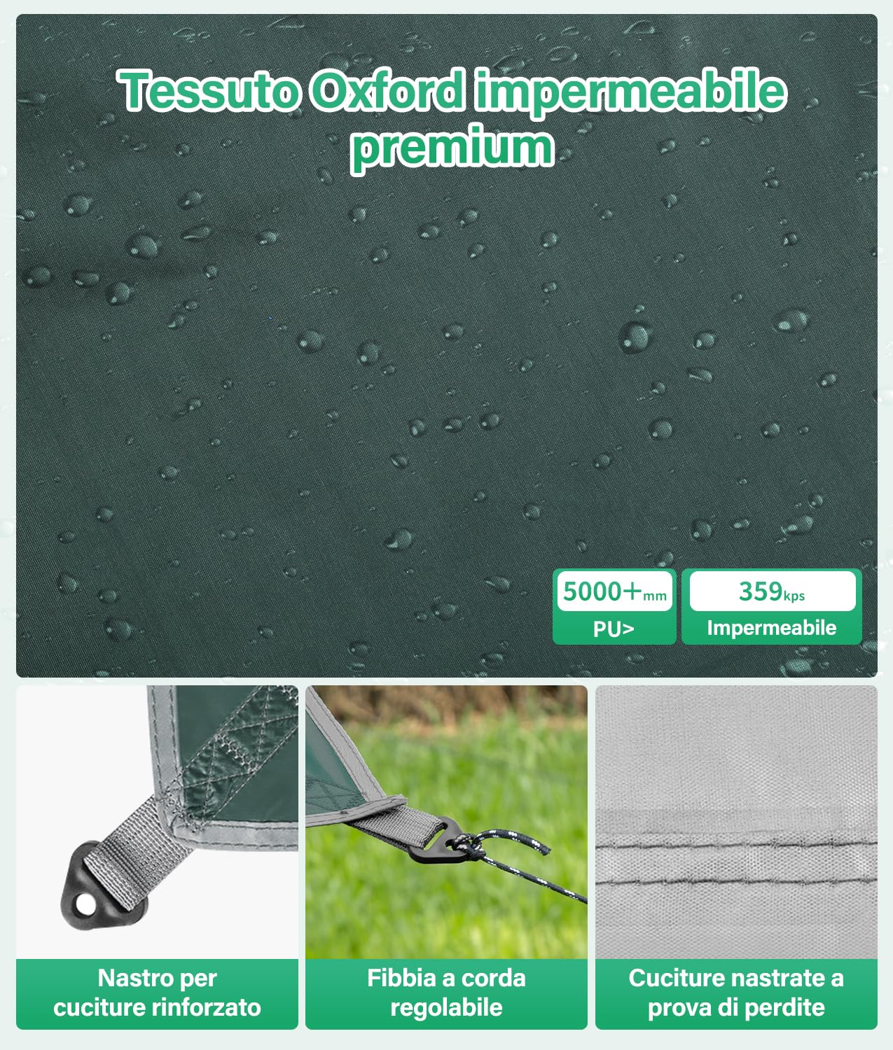 WADEO Kit Telo Copertura con Pali, [3x3M] Impermeabile e Resistente, Protezione UV, Telo da Sole e Pioggia per Shelter, Ideale per Campeggio, Picnic, Spiaggia, Festival, Giardino