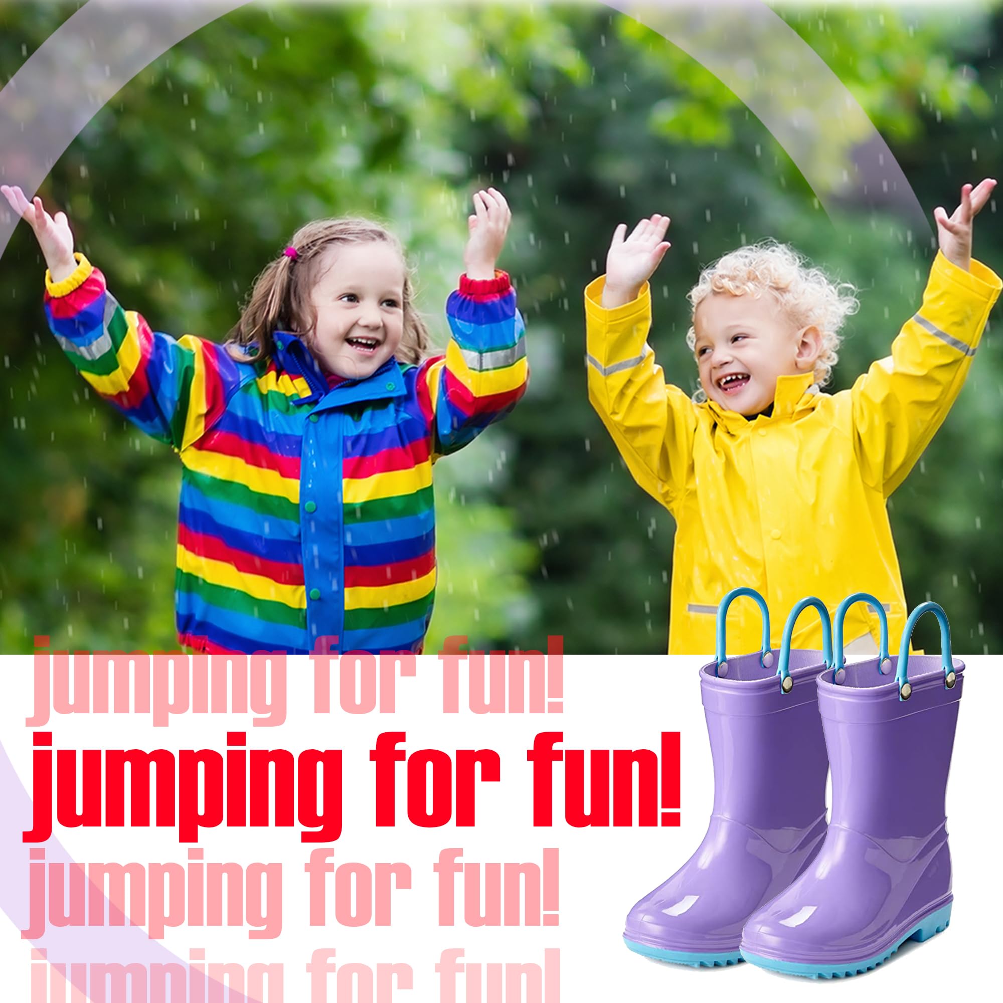 Puddle Play Botas de lluvia impermeables de PVC para niños y niños con asas fáciles de poner, botas ligeras y antideslizantes para exteriores para niños y niñas