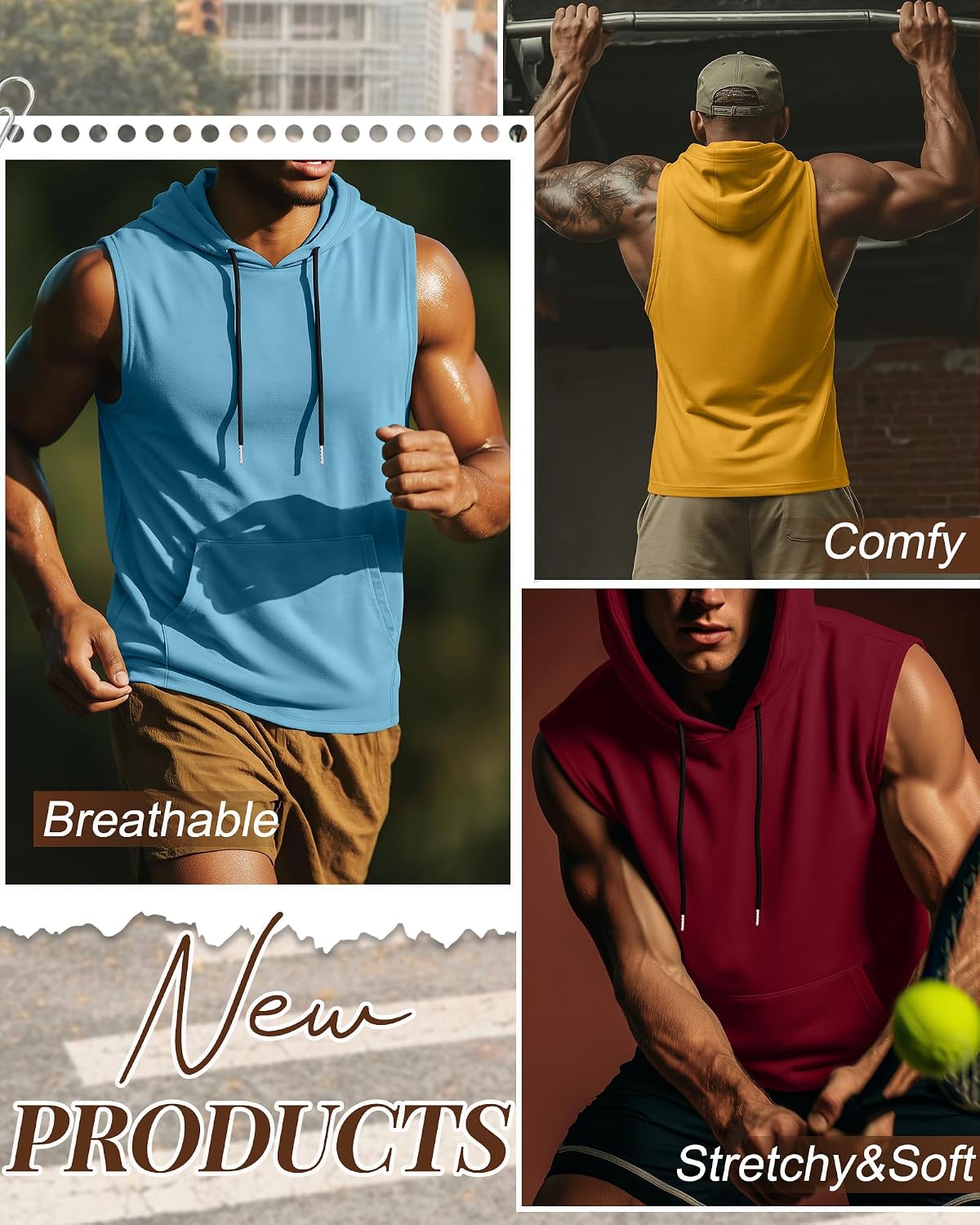 4 Pack Men Workout Hooded Tank Tops Bodybuilding Athletic Muscle Cut Off Hoodies Sleeveless Activewear Gym T-Shirts