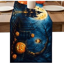 Halloween Table Runner 13 x 72 Inch Mysterious Night Haunted House Pumpkin Full Moon Table Runner Non-Slip Dresser Scarves for Halloween Decorations, Party, Dinner and Gatherings, 1 Pack